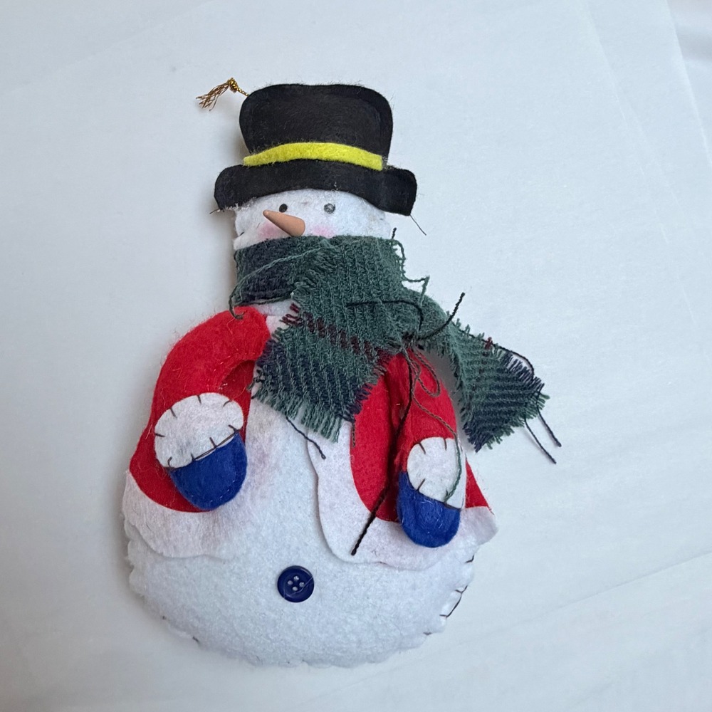 Handmade Felt Snowman Christmas Ornament White Black Top Hat Green Scarf Plush
